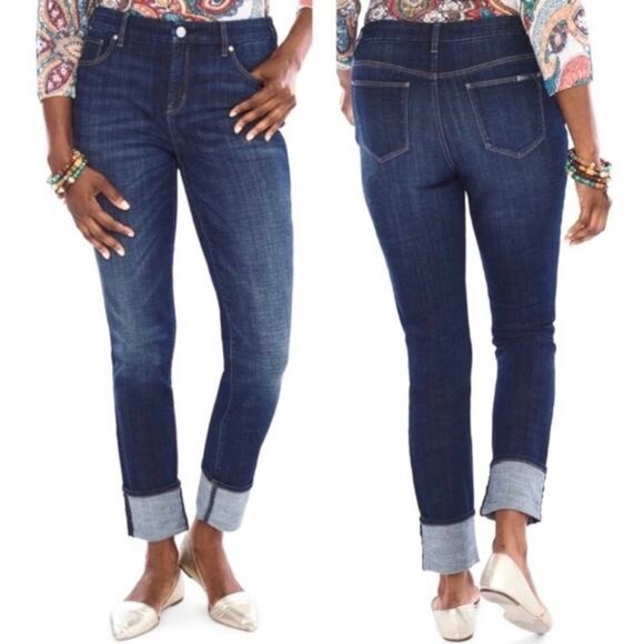 Chicos So Slimming High Cuff Girlfriend Slim Ankle Jeans Womens Sz 8 Whiskering - Picture 1 of 11